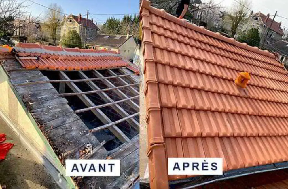 Montage Avant/Après de la réfection d'une toiture avec de nouvelles tuiles en terre cuite.