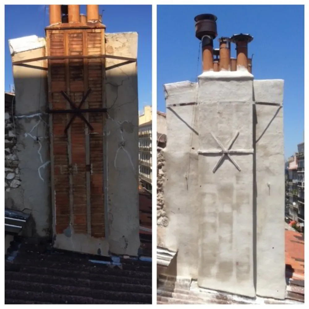 Montage Avant/Après de la réparation et du lissage au mortier d'un grand conduit de cheminée extérieur.