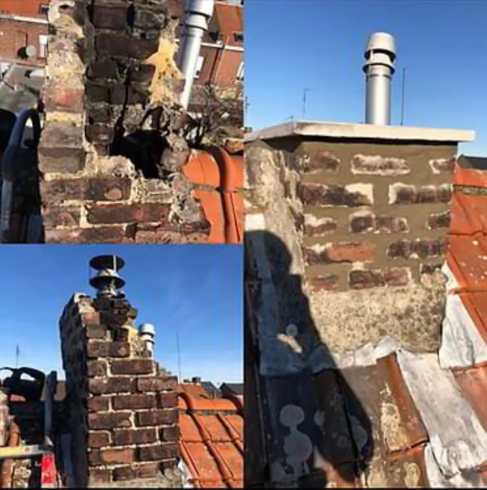 Collage montrant la reconstruction d'une cheminée en briques et la pose d'un chapeau de ventilation en métal.