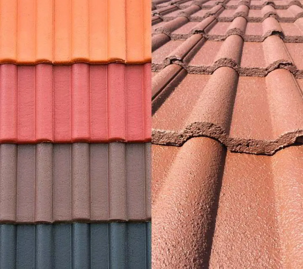 Comparaison de plusieurs couleurs et textures de tuiles mécaniques (orange, rouge, marron, anthracite).
