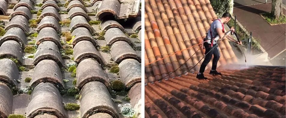 Montage double : tuiles couvertes de mousse à gauche, ouvrier passant le nettoyeur haute pression sur le toit à droite.