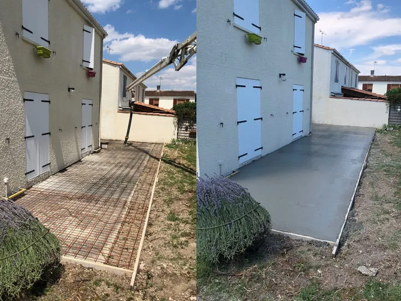 Montage Avant/Après : pose de treillis soudé, puis coulage et lissage d'une grande dalle en béton pour une terrasse.