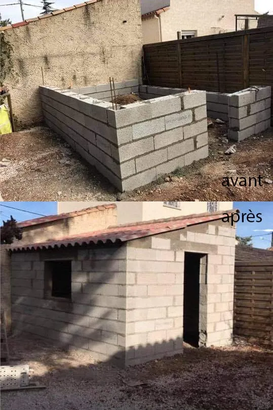 Avant/Après du montage d'un petit cabanon/dépendance en parpaings jusqu'à la pose de la charpente et de la tôle de toit.