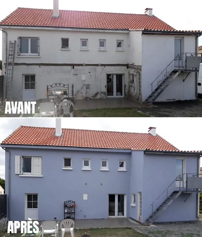 Avant/Après du ravalement d'une façade arrière de maison, passant d'un crépi blanc abîmé à une peinture bleu lavande.