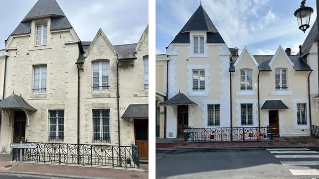 Nettoyage et peinture de façades de maisons de ville mitoyennes, rafraîchies dans des tons crème/blanc.