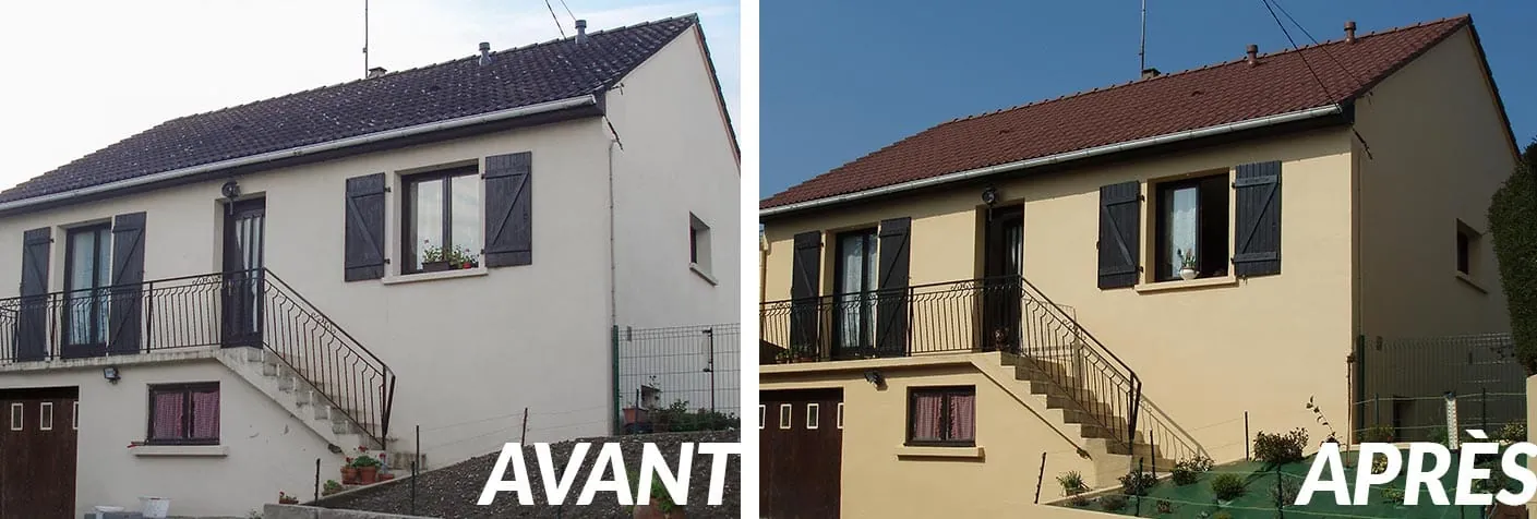 Avant/Après du ravalement complet de la façade d'une maison individuelle, repeinte en beige chaleureux.