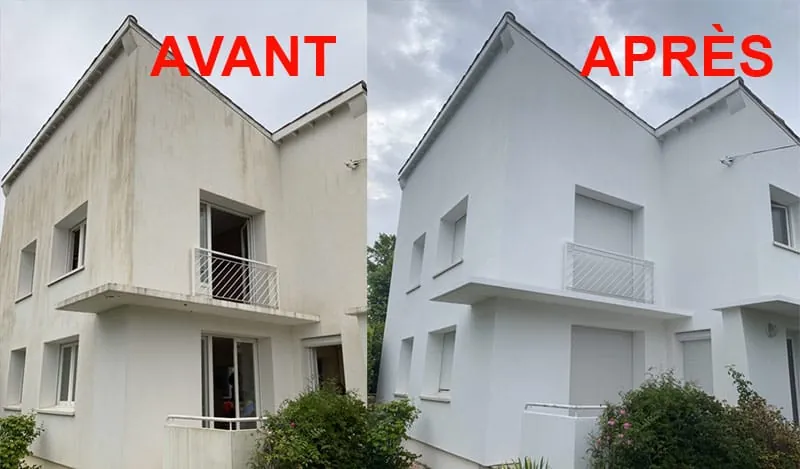 Avant/Après du ravalement d'une façade moderne très encrassée et noircie, redevenue blanche et propre.