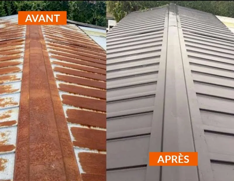 Avant/Après du traitement antirouille et de la peinture d'une toiture métallique nervurée (orange rouillé vers gris).