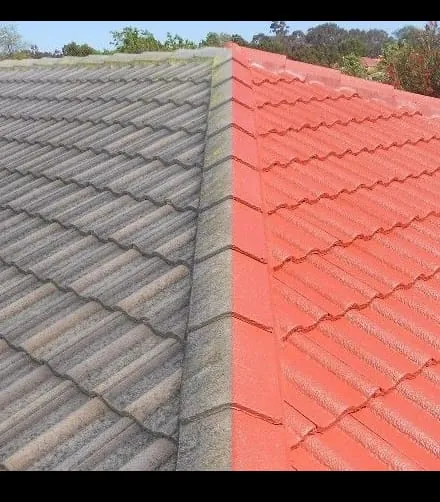 Moitié de toit grise ancienne et sale, moitié peinte d'une résine rouge brique brillante.