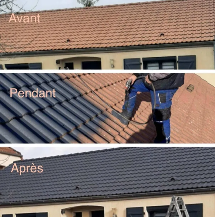 Processus en 3 étapes d'un toit en tuiles romanes peint en gris ardoise au pistolet airless.