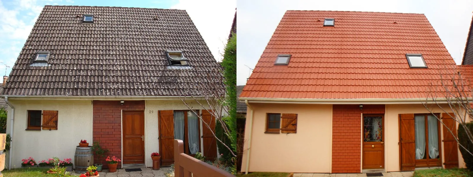 Rénovation globale (Avant/Après) incluant le nettoyage/peinture de la toiture (gris vers rouge) et de la façade (blanc vers beige rosé).
