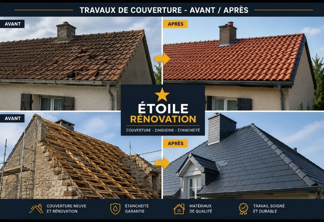 Affiche de la société 'Étoile Rénovation' illustrant 4 chantiers distincts : nettoyage toiture, charpente et pose d'ardoises.